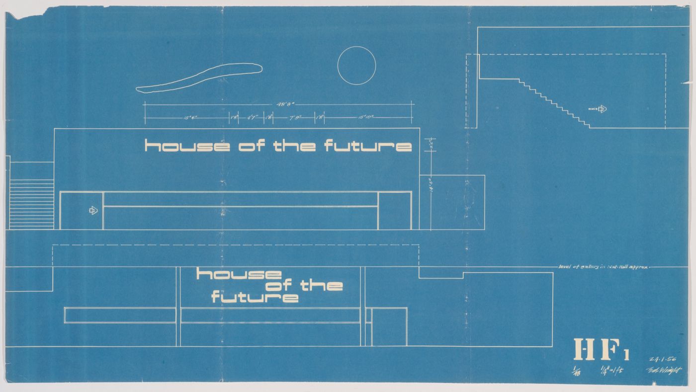Blueprint showing two methods of projecting text onto the exterior walls of the House of the Future, Daily Mail Ideal Homes Exhibition, London, England