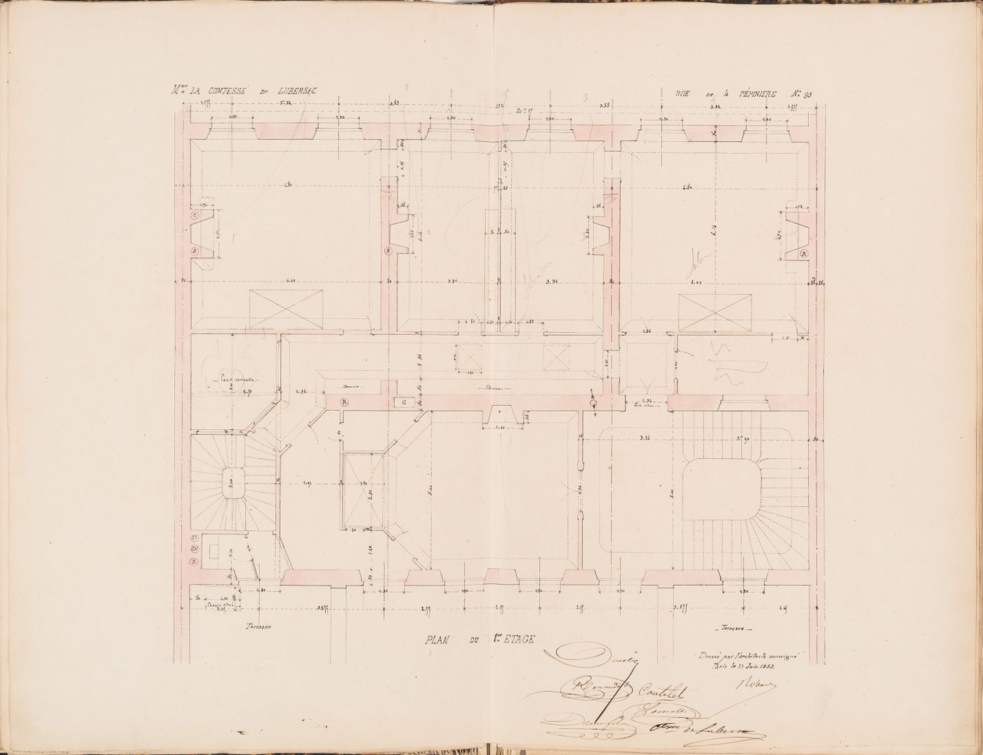 Contract drawing for a house for Madame la comtesse de Lubersac, 95 rue de la Pépinière, Paris: First floor plan