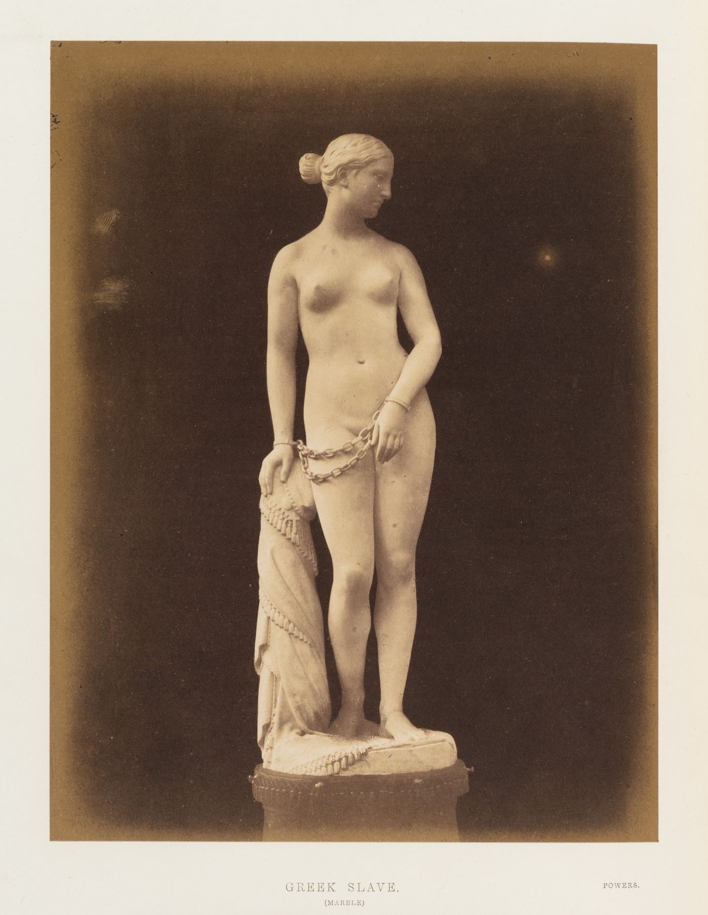 View of marble sculpture titled "The Greek Slave", by Hiram Powers, London, England