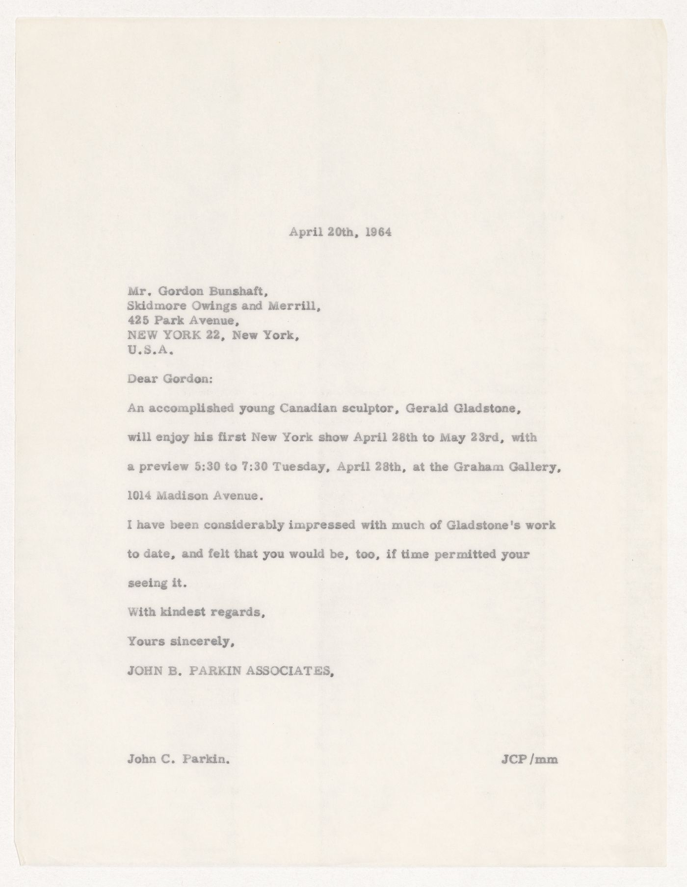 Letter from Parkin to Gordon Bunshaft on Gerald Gladstone exhibit in New York