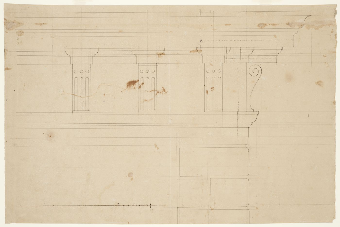 Partial elevation for a cornice showing the corner in profile, Castello di Rivoli, Turin