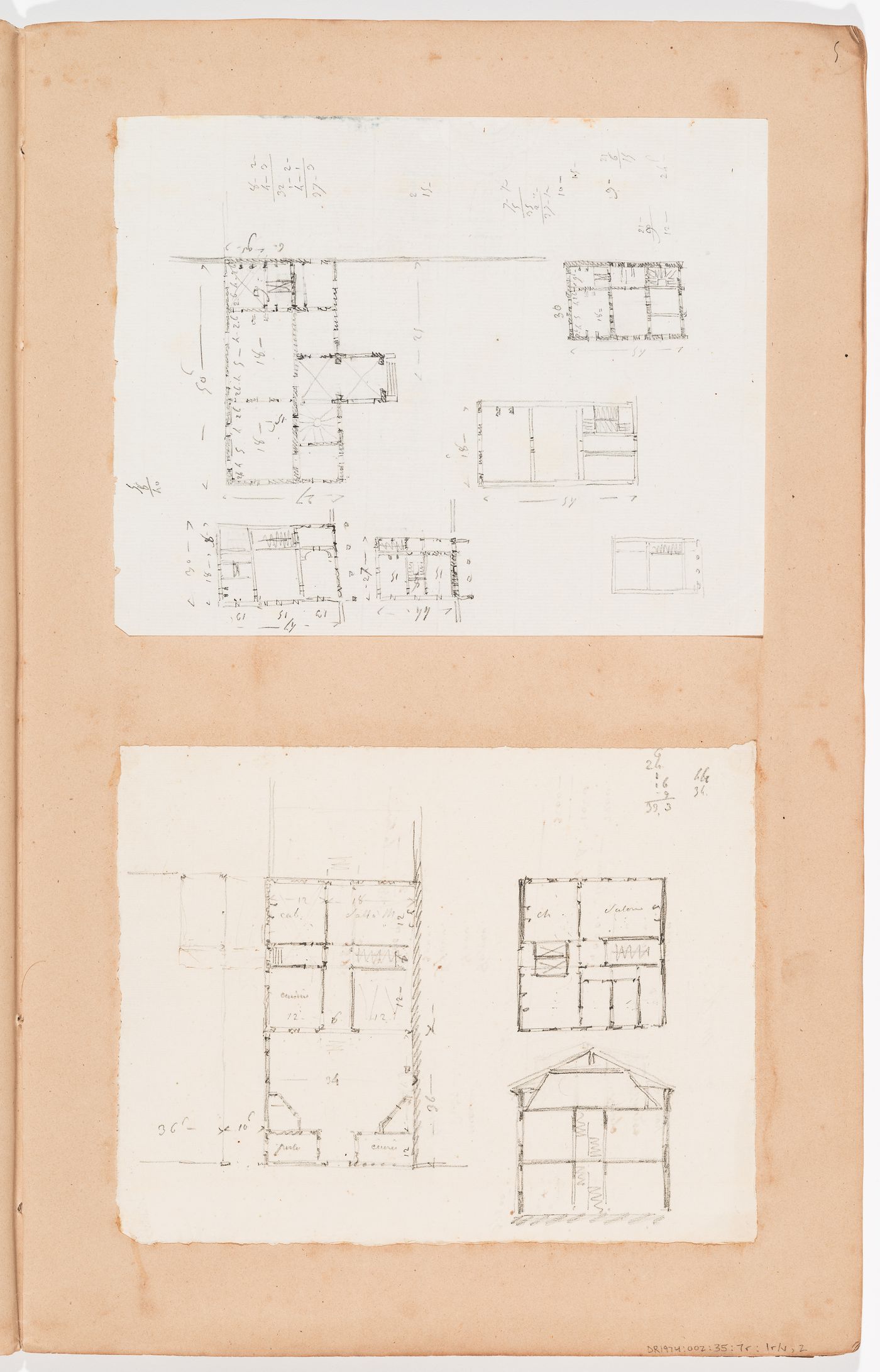 Sketch section and plans for unidentified houses; verso: Sketch plan for an unidentified house