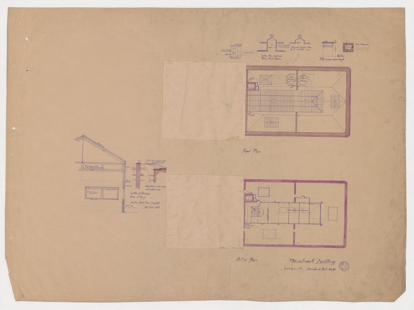 Monadnock Building, Chicago: Attic and roof plans, section for the main skylight with plan and elevation for a chimney, partial sections through the division wall, elevation for the penthouse, and section for skylights