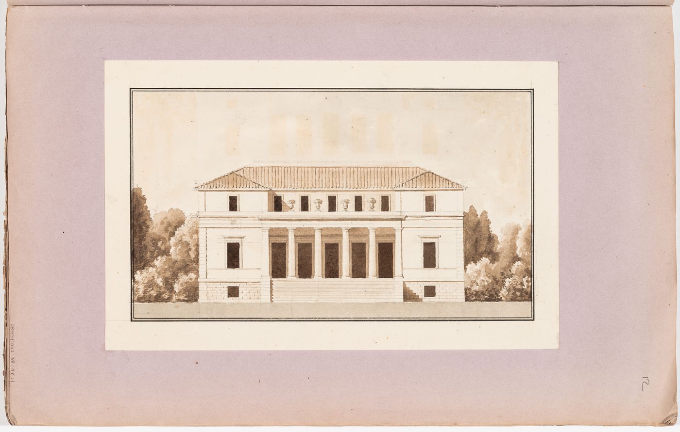 Elevation for a country house, probably for the garden façade; verso: Elevation, probably for the principal façade, and ground floor plan for a country house