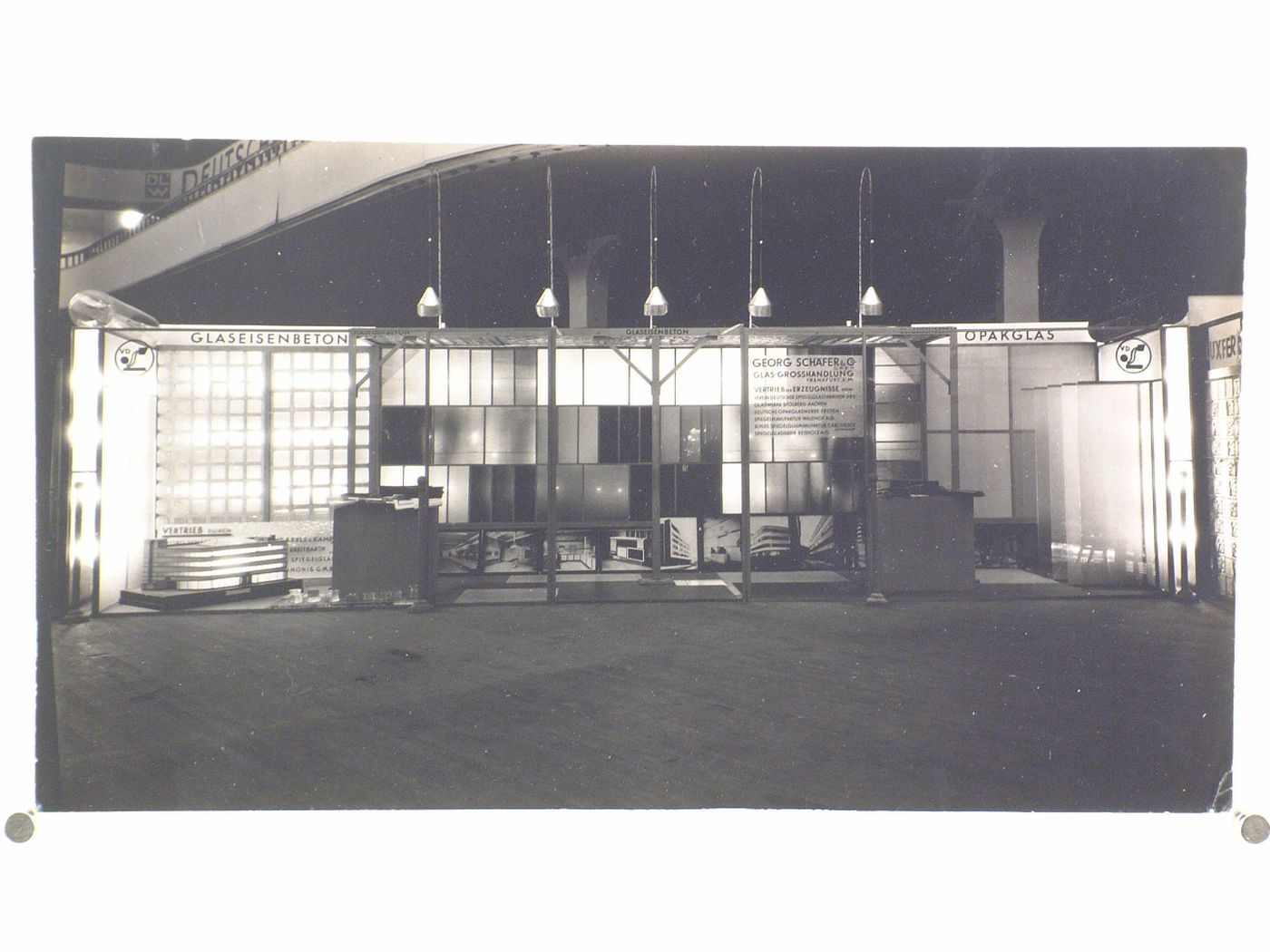 Interior view of an exhibition space for glass manufacturing and sales at trade show, Frankfurt am Main, Germany