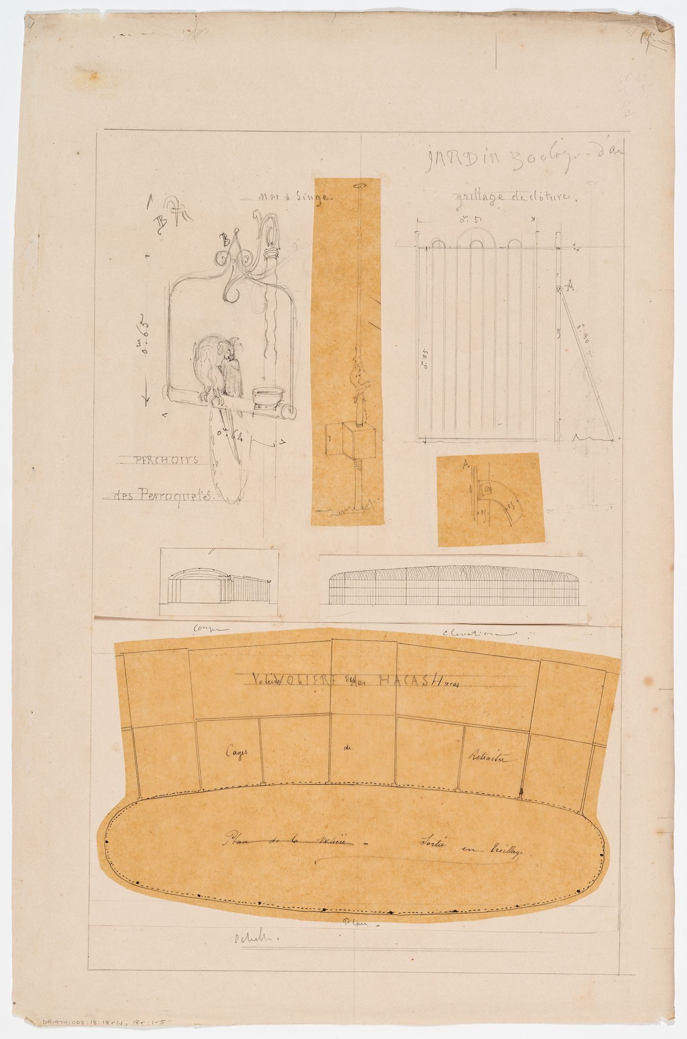 Zoological garden, Antwerp: Elevations of a monkey pole, a parrot perch, elevation and detail of a fence, and plan, section and elevation of an aviary
