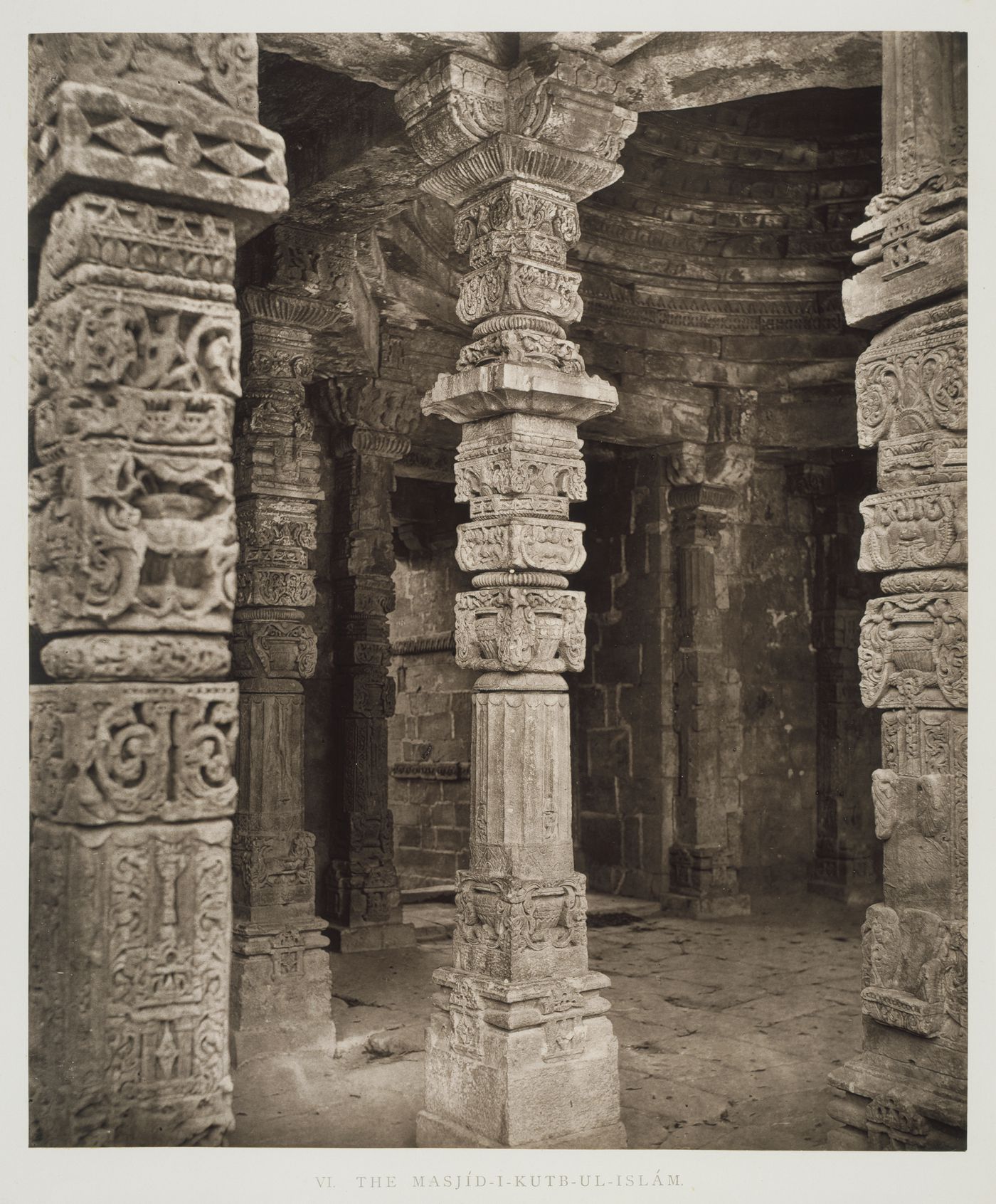 Interior view of the east colonnade showing pillars, Quwwat al-Islam [Might of Islam] Mosque, Quwwat al-Islam Mosque Complex, Delhi, India