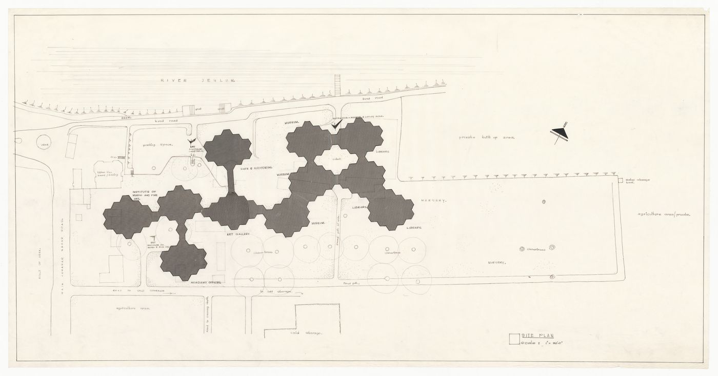 Site plan scheme for museum, library, institute academy office and auditorium for J&K Academy of Art, Culture and Languages, Srinagar, India