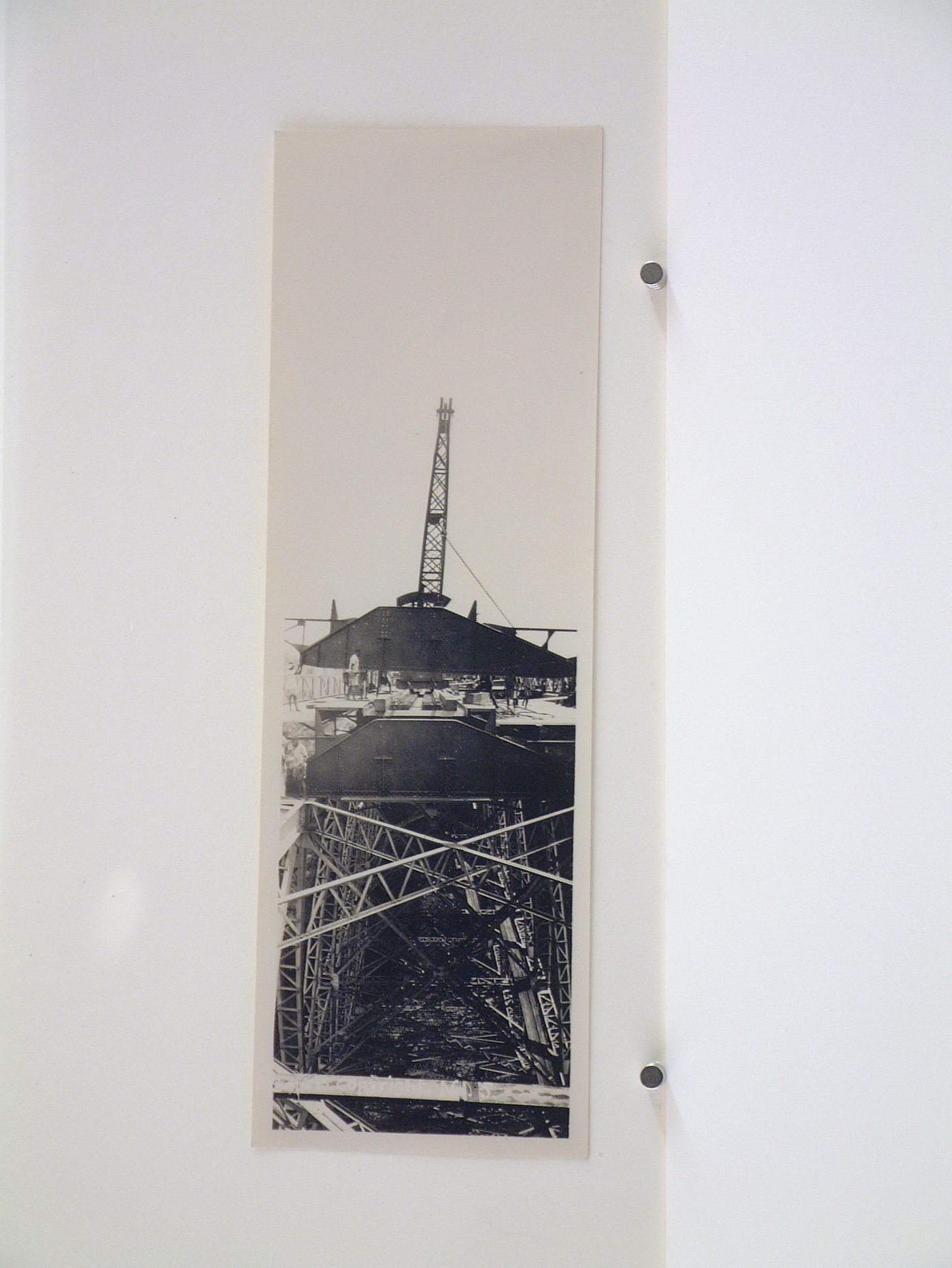 Vertical panoramic view of construction of the railway on Victoria Falls Bridge, Zambezi River, crossing the border between Victoria Falls, Zimbabwe and Livingstone, Zambia