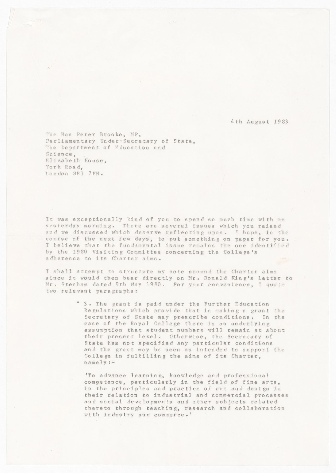 Correspondence from Lionel March to Peter Brooke regarding resignation from the Royal College of Art, London