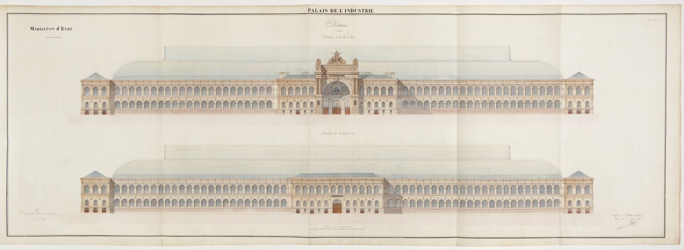 Exterior Longitudinal Elevations, from the album Palais de l'Industrie: Atlas du Bâtiment
