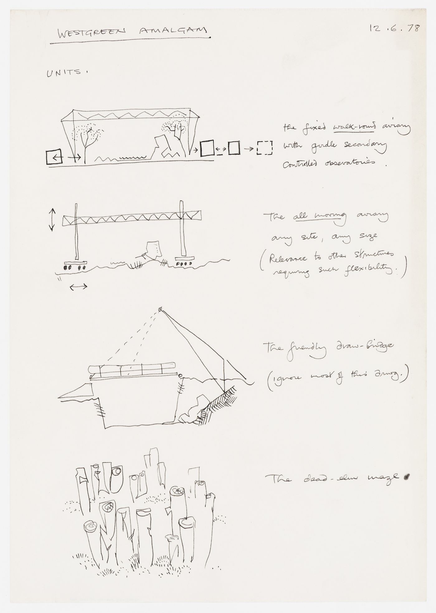 Westgreen Amalgam: sketches and notes for units: fixed and mobile aviaries, the "friendly draw bridge" and the "dead elm maze"