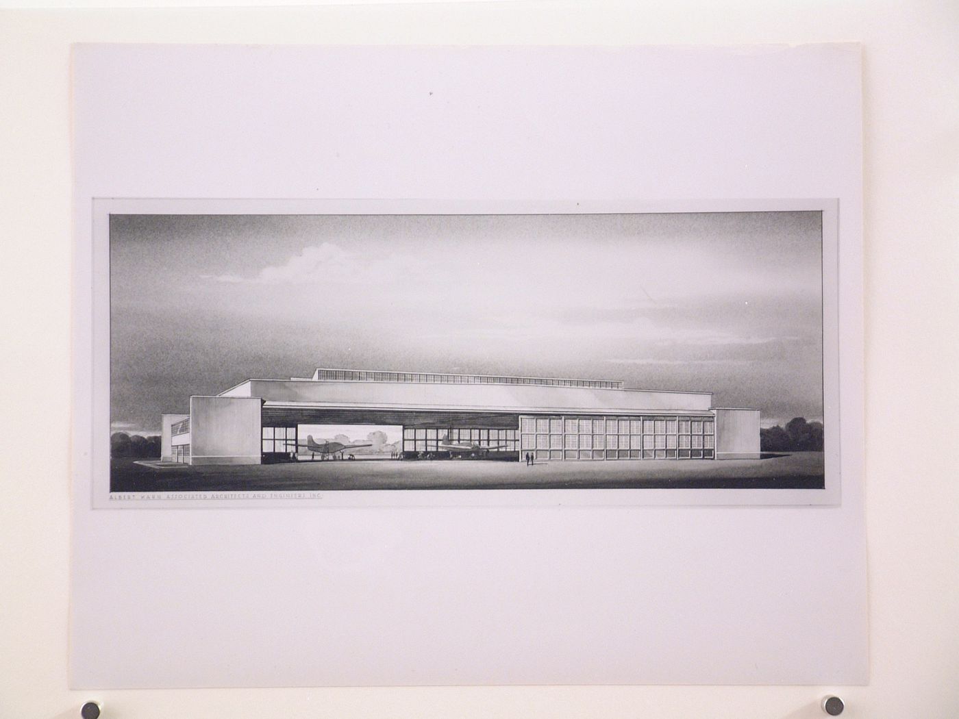 Photograph of a perspective drawing for or of the principal or rear façade of a hangar, United States Atlantic Coast Naval Air Base, Squantum Point, Massachusetts
