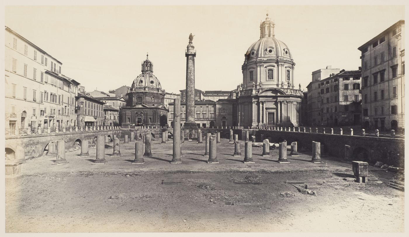 View of the Forum of Trajan showing the Basilica Ulpia and the Column of Trajan, and the churches of Santa Maria di Loreto and SS. Nome di Maria, Rome, Italy