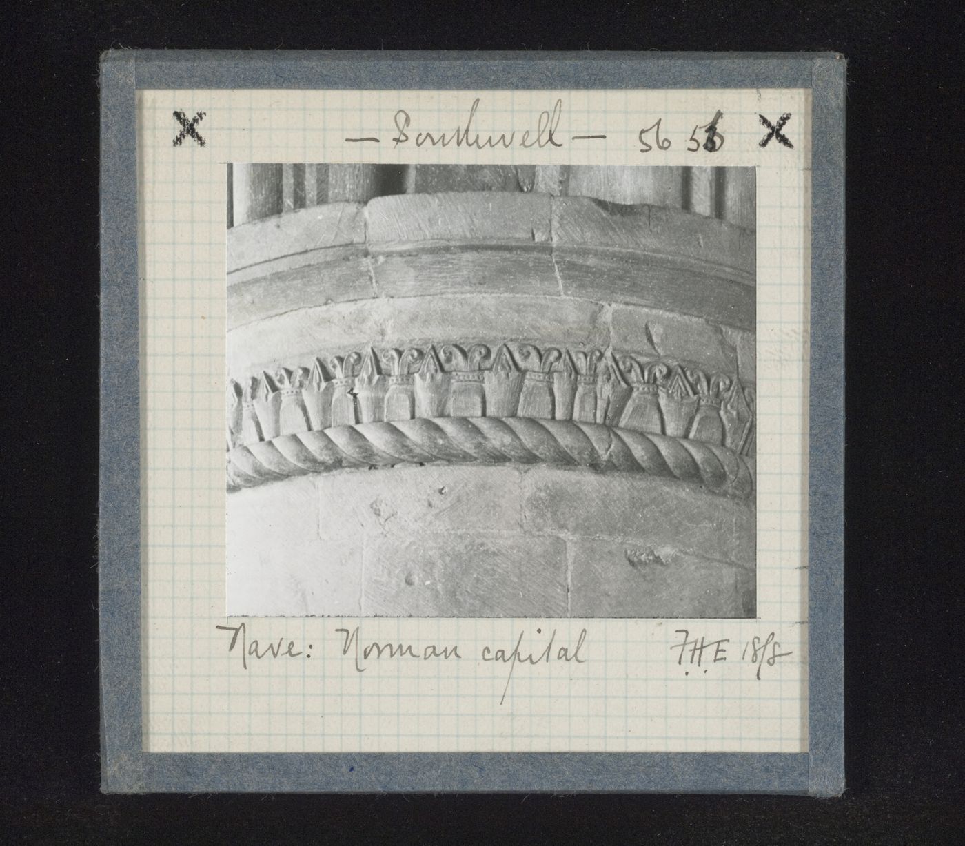 Detail view of norman capital in nave of Southwell Minster, Southwell, Nottinghamshire, England