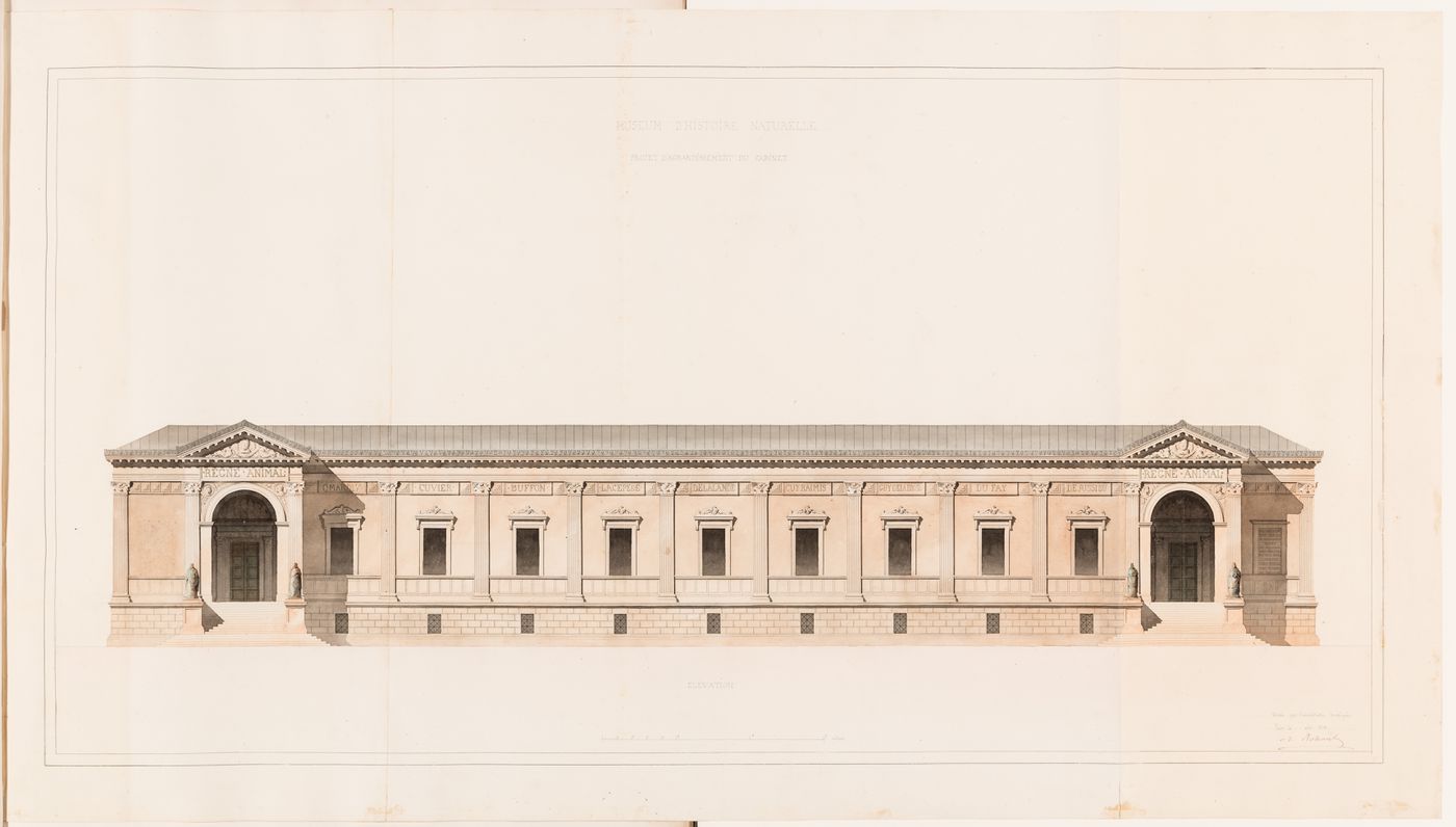 Project for a Galerie de zoologie with a single row of galleries and a central courtyard, 1838: Principal elevation