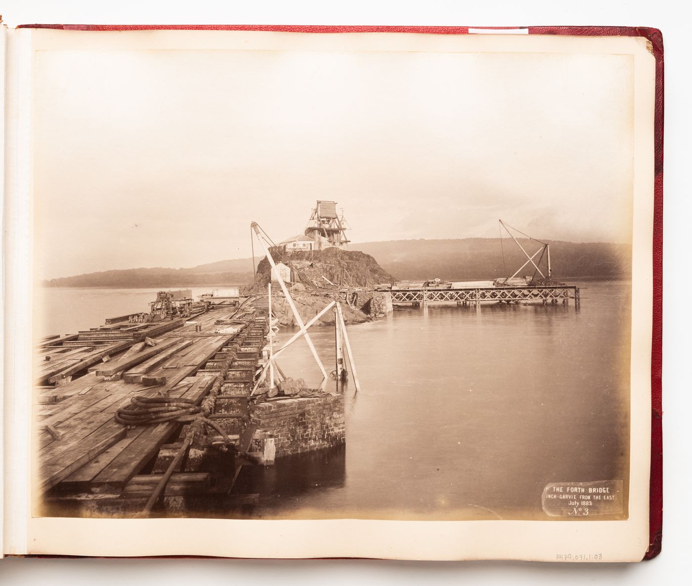 View of a building site for the construction of the Forth Bridge, Firth of Forth, Scotland, United Kingdom