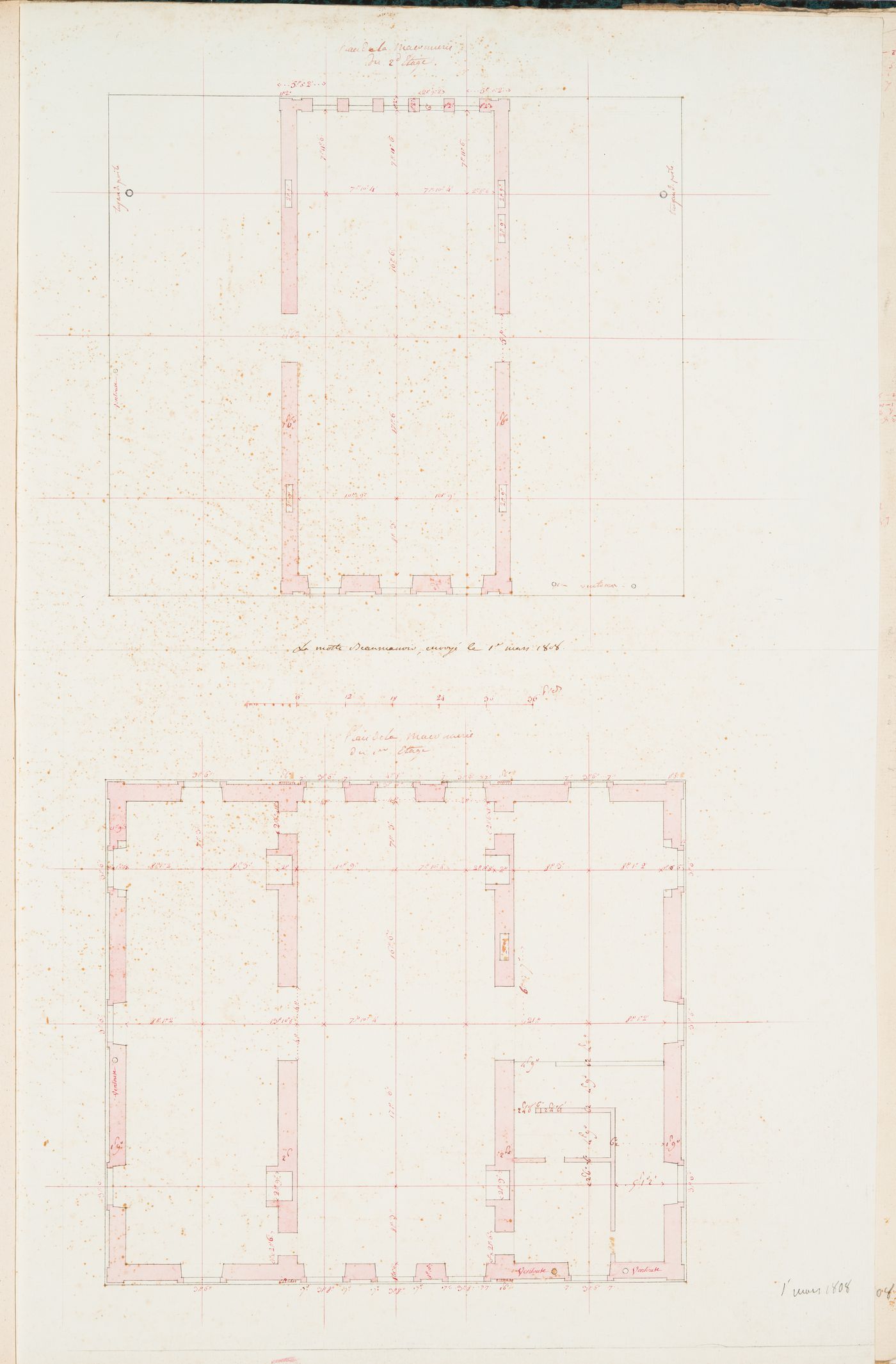 Project for a château for M. de Lorgeril, Motte Beaumanoir: First and second floor plans showing the stonework