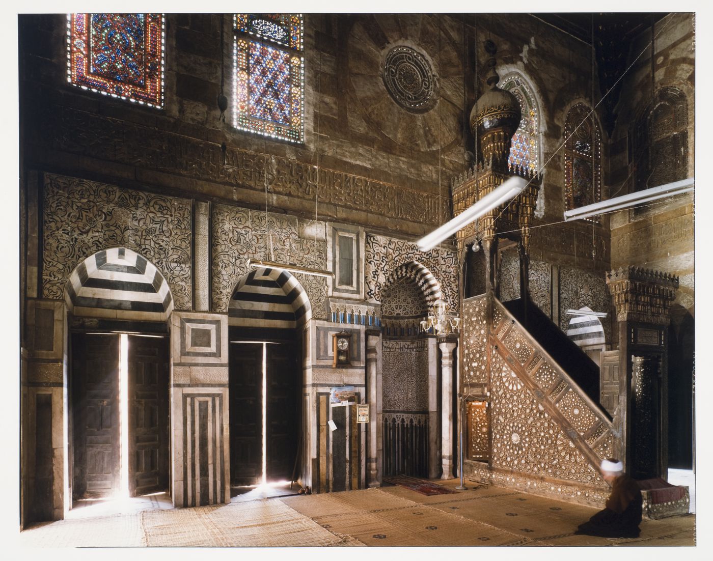 Mosque of Qijmas al Ishaqi, interior view showing entrance door, mihrab and minbar at right, Cairo, Egypt