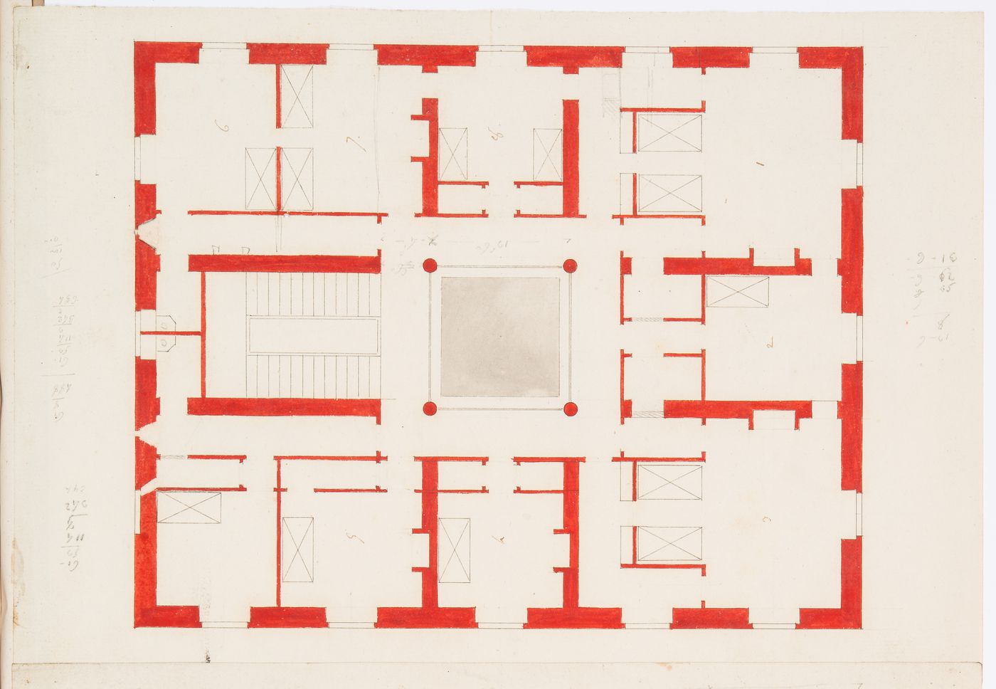 Project for an unidentified country house with a central skylight: First floor plan; verso: Sketch plans for an unidentified building