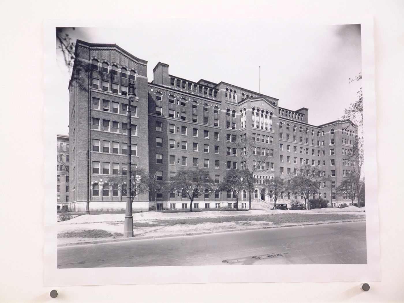 View of principal façade of the Brush Street Wing from across the street, Harper Hospital (now the Harper University Hospital), Brush Street, Detroit, Michigan