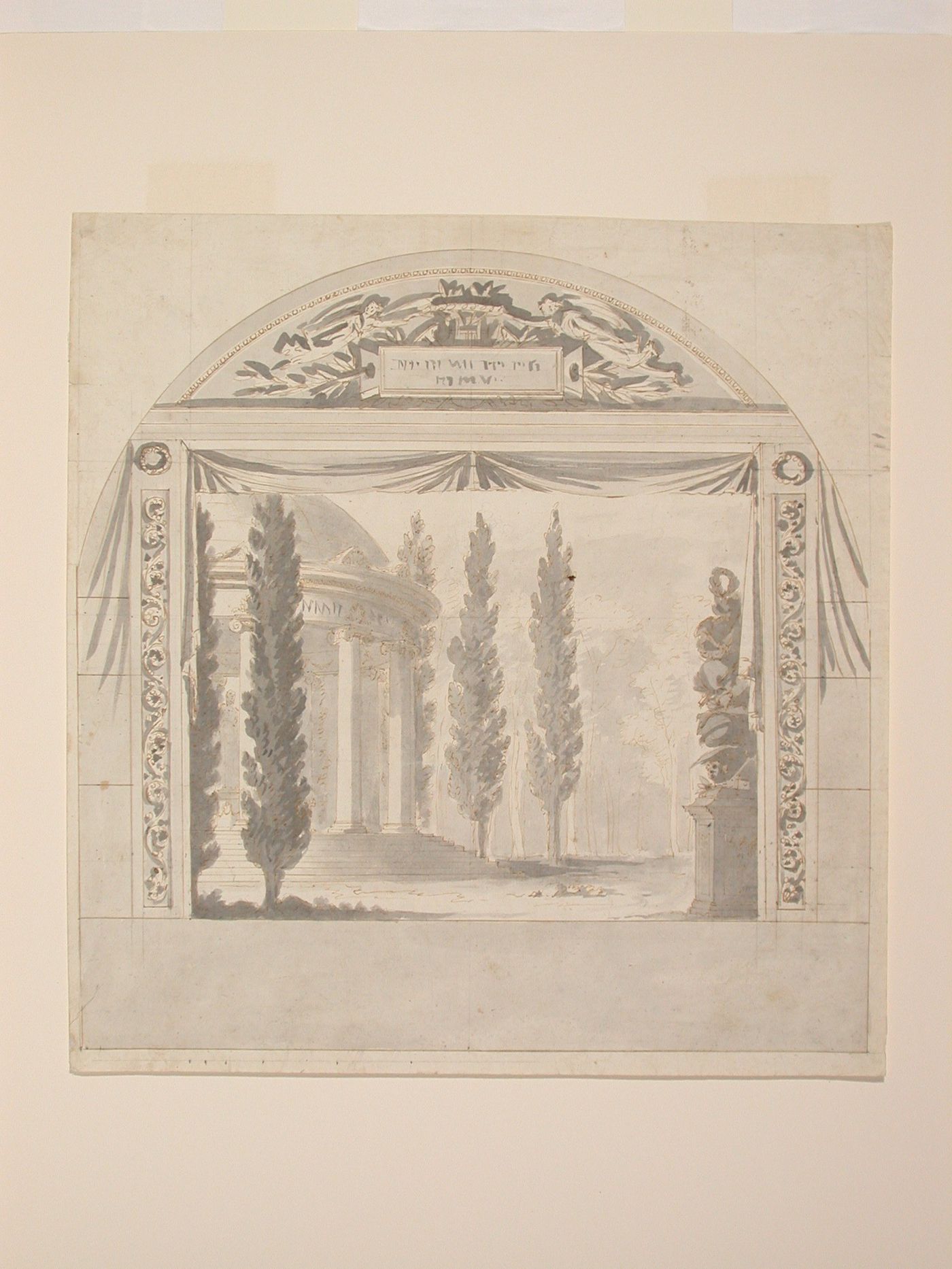 Design for a stage curtain-screen (sipario) with flying angels in an arched pediment above, and a representation of a tempietto in a landscape