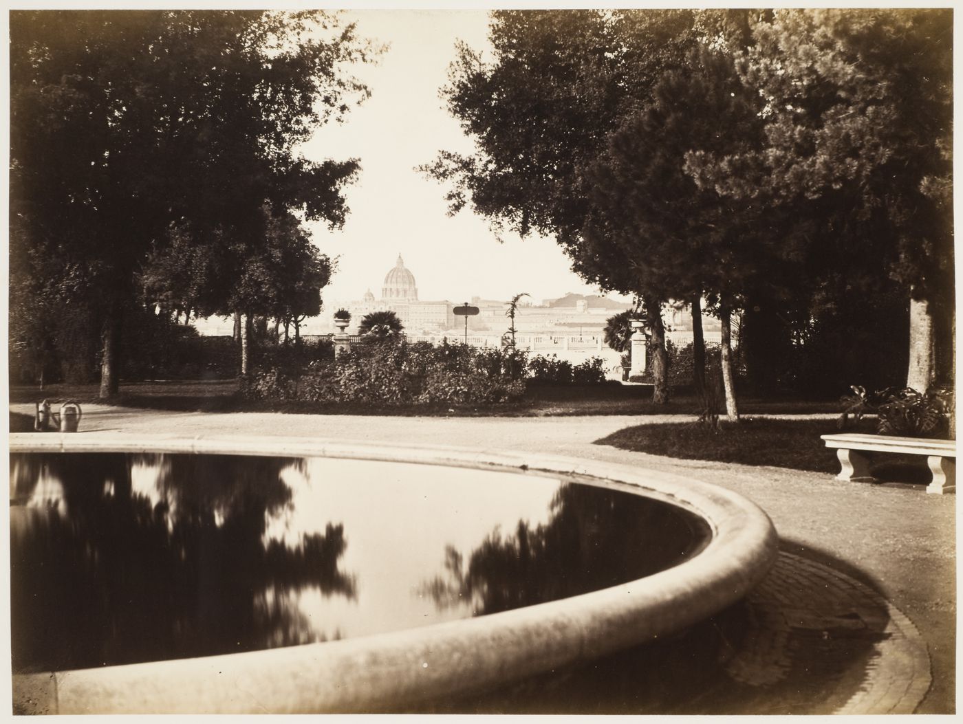 View of Rome from the French Academy, garden fountain in the foreground, Monte Pincio, Rome, Italy