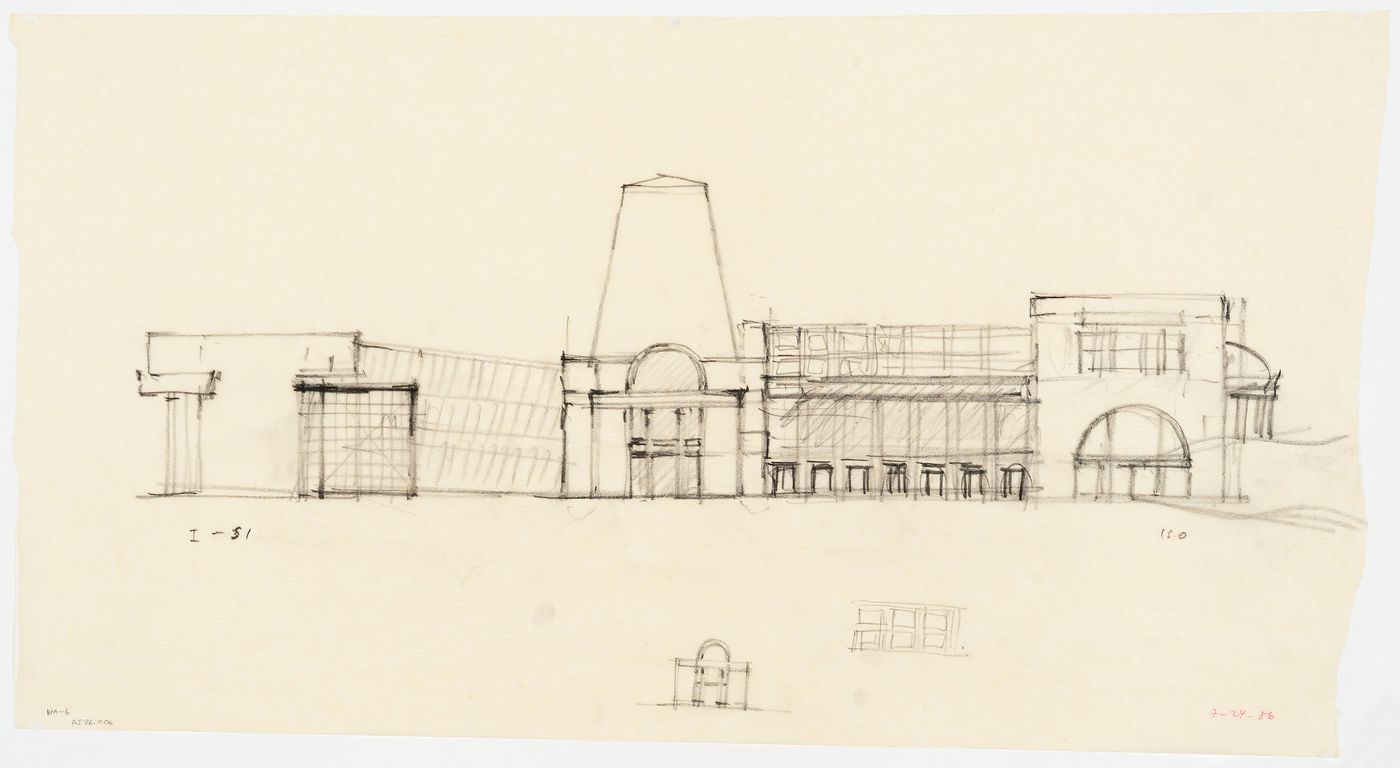South elevation with thumbnail sketches of the portico and upper-story windows for the Brooklyn Museum master plan, first phase