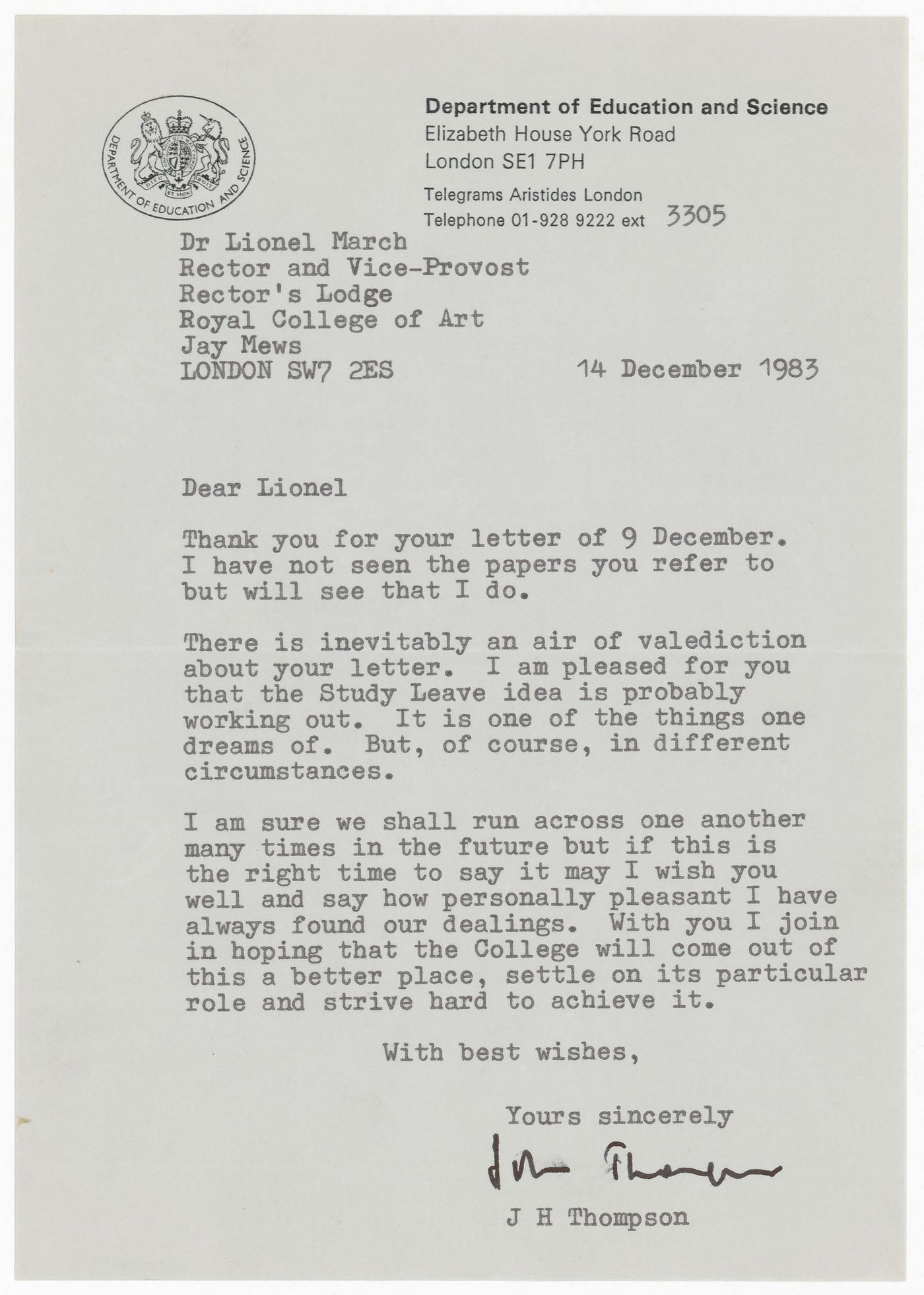 Correspondence from John Thompson to Lionel March regarding resignation from the Royal College of Art, London