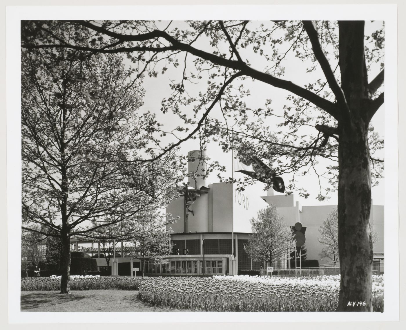 View of an entrance to the Ford Motor Company pavilion showing the sculpture of Mercury, 1939-1940 New York World's Fair, New York City, New York