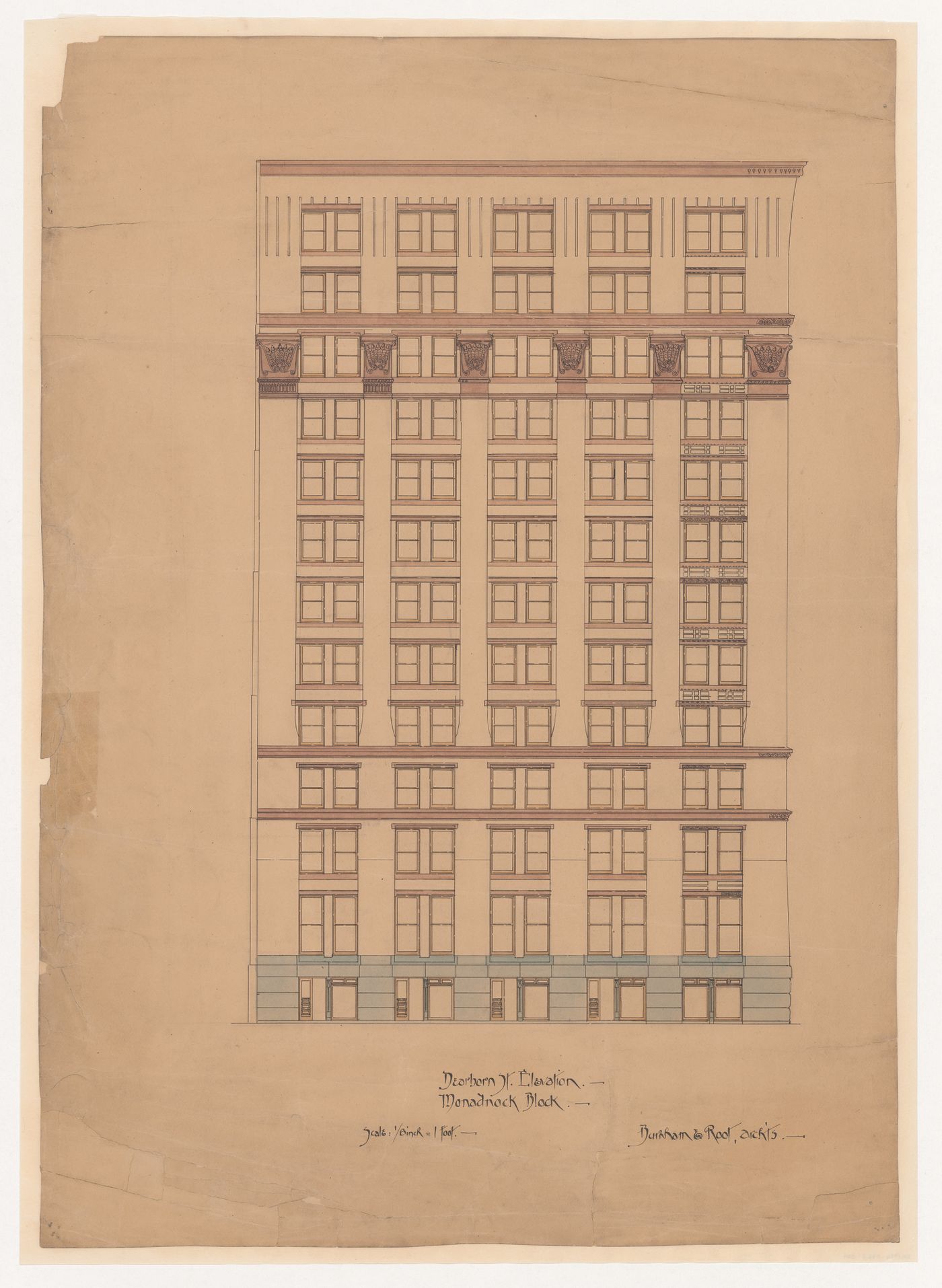 Monadnock Block, Chicago: Dearborn Street elevation