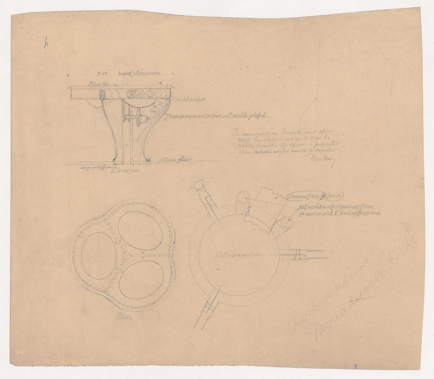 Monadnock Building, Chicago: Plan, elevation, sectional detail and profile for a shaving basin