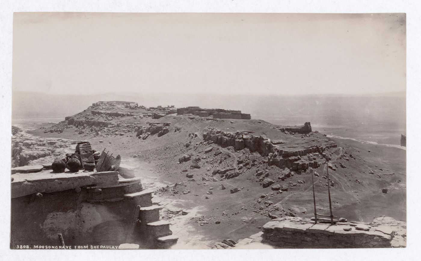 View of Moosongnave (now Mishongnovi) from Shepaulave (now Sipaulovi) on the Second Mesa, Hopi Reservation, Arizona, United States