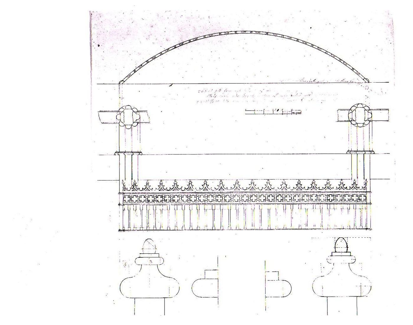 Plan and elevations for the tribune balustrade and elevations for decorative details for Notre-Dame de Montréal