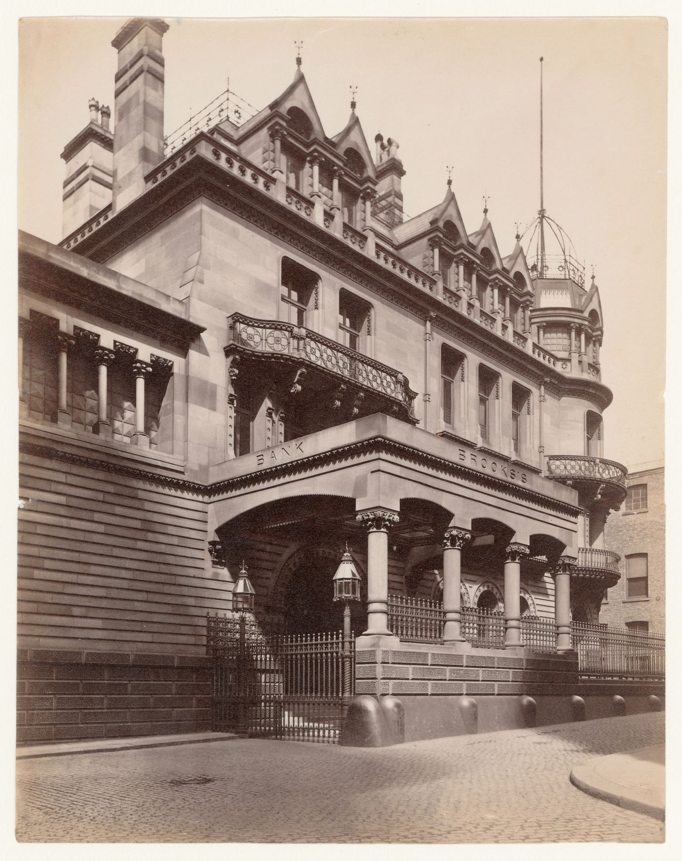 Exterior view of façade of Brooks's Bank, from street, Manchester, England