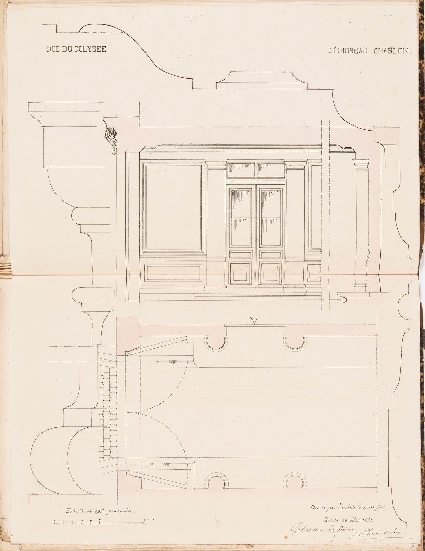 Contract drawing for a house for Monsieur Moreau Chaslon, rue du Colysée, Paris: Partial plan, partial longitudinal section, and profiles of the columns and panelling for the passage of the "porte cochère"