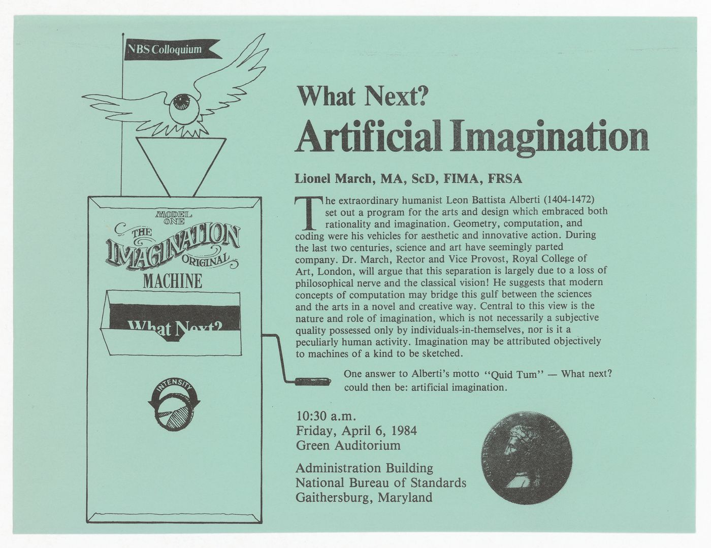 Flyer for March's talk "What's Next? Artificial Imagination" at National Bureau of Standards Colloquium