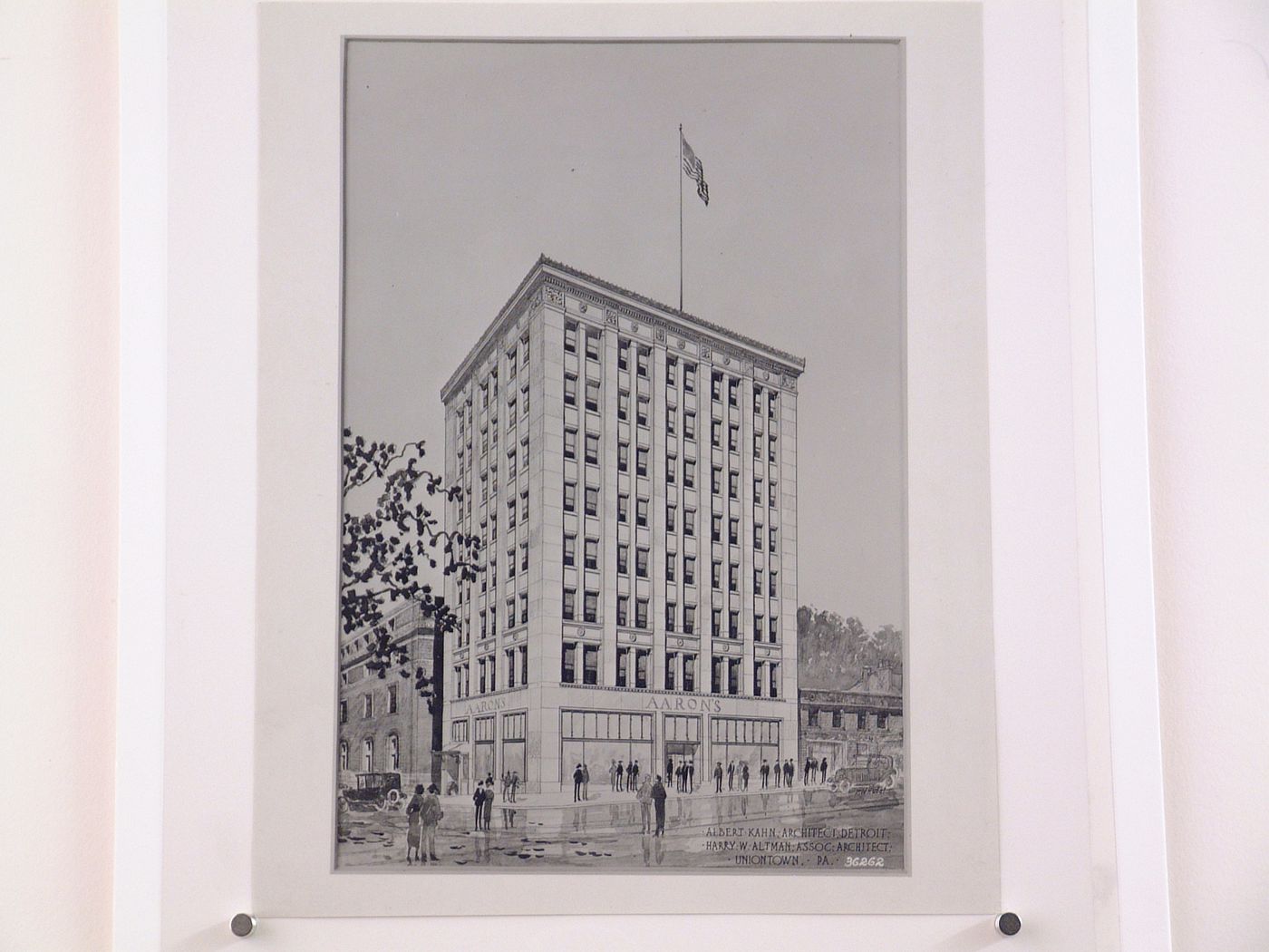 Photograph of a perspective drawing for or of the principal and lateral façades of the Aaron Furniture Company building, Uniontown, Pennsylvania