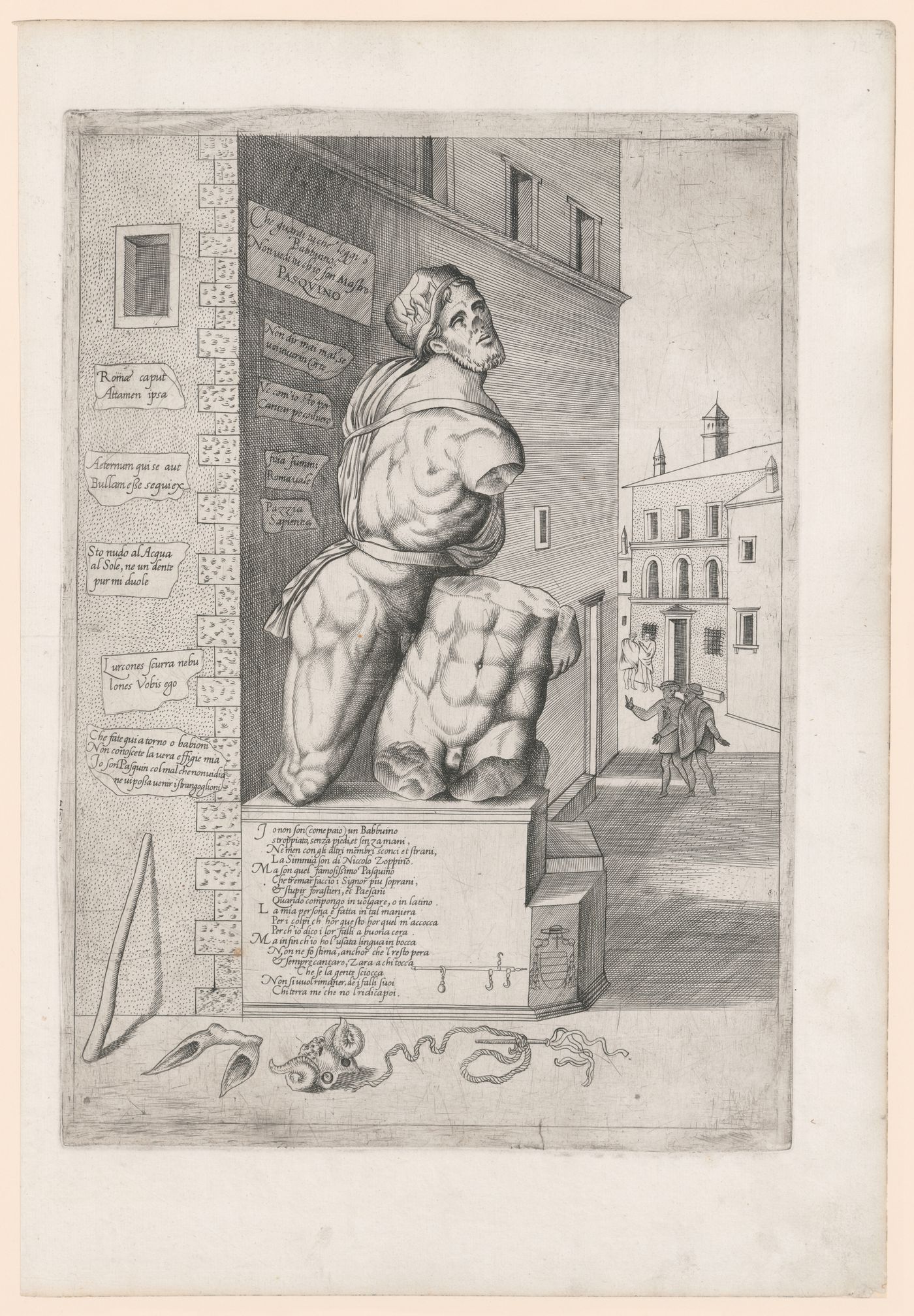 Perspective of the statue of Pasquino in front of a building, Rome, including inscriptions pasted to the next statue