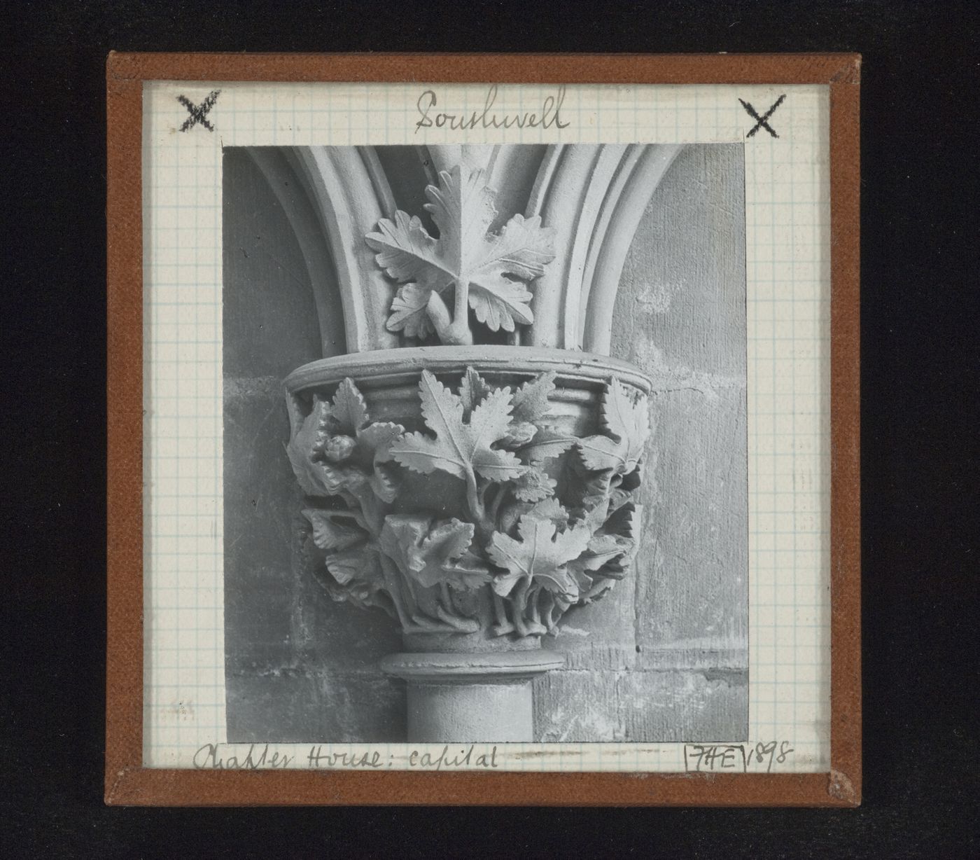 View of capital with leaf carving on the abacus at Chapter House, Southwell Minster, Southwell, Nottinghamshire, England