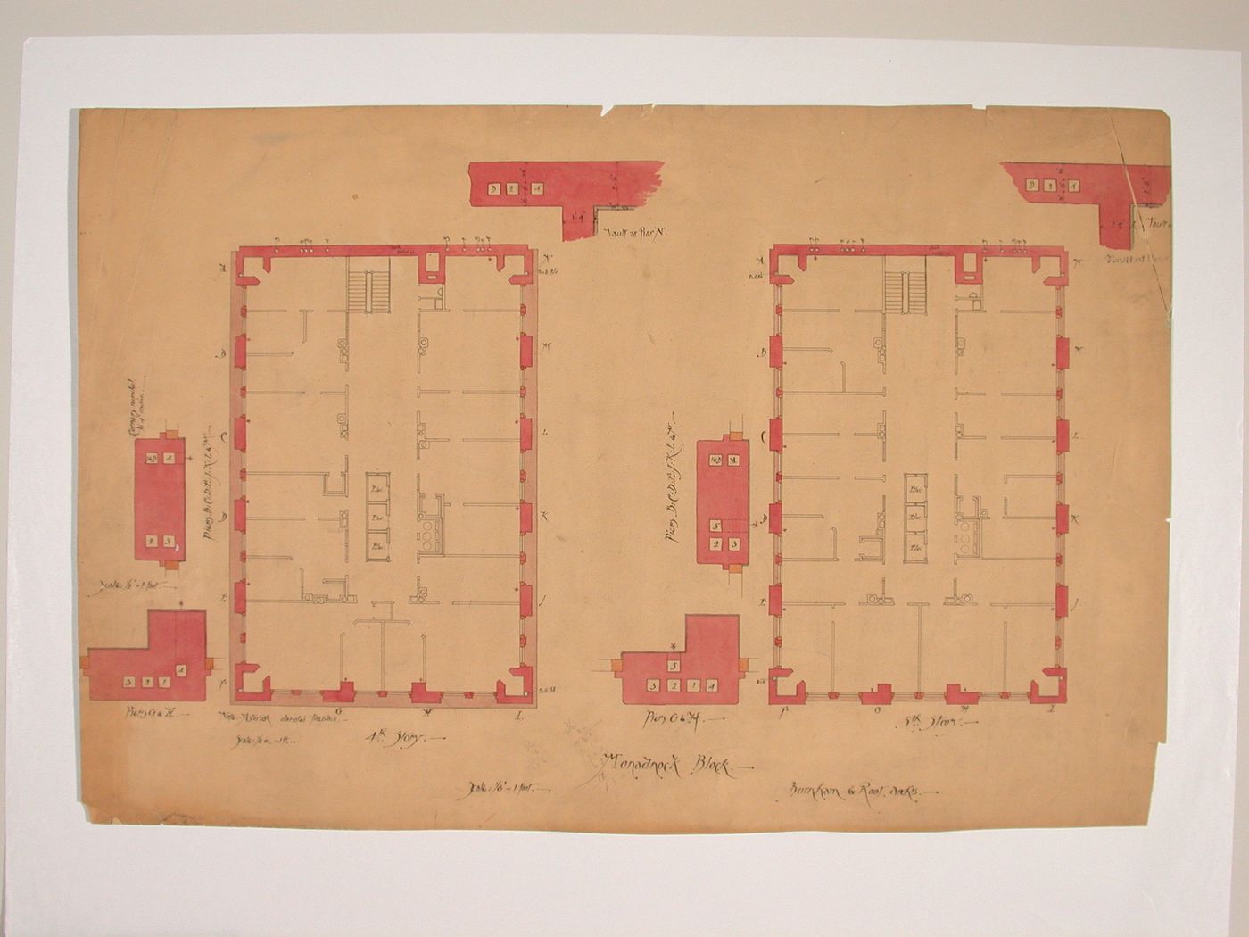 Monadnock Block, Chicago: Eighth and ninth floor plans with plans for piers showing the location of pipes