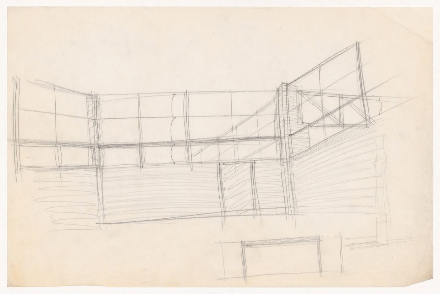 Perspective sketch for a court for the Gymnasium, with a sketch elevation, probably for the Gymnasium