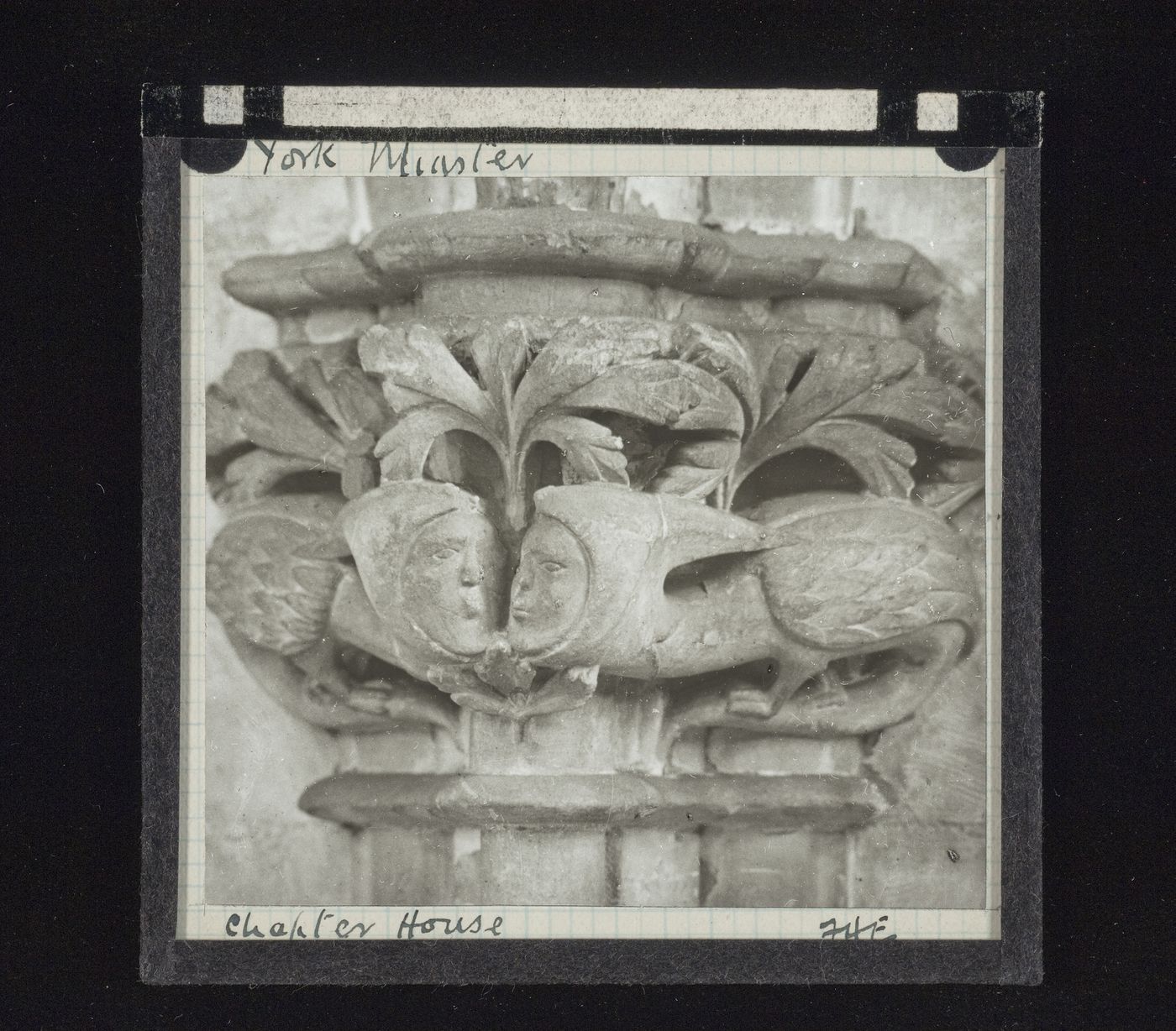 View of capital with grotesque ornamentation in Chapter House of York Minster, York, North Yorkshire, England