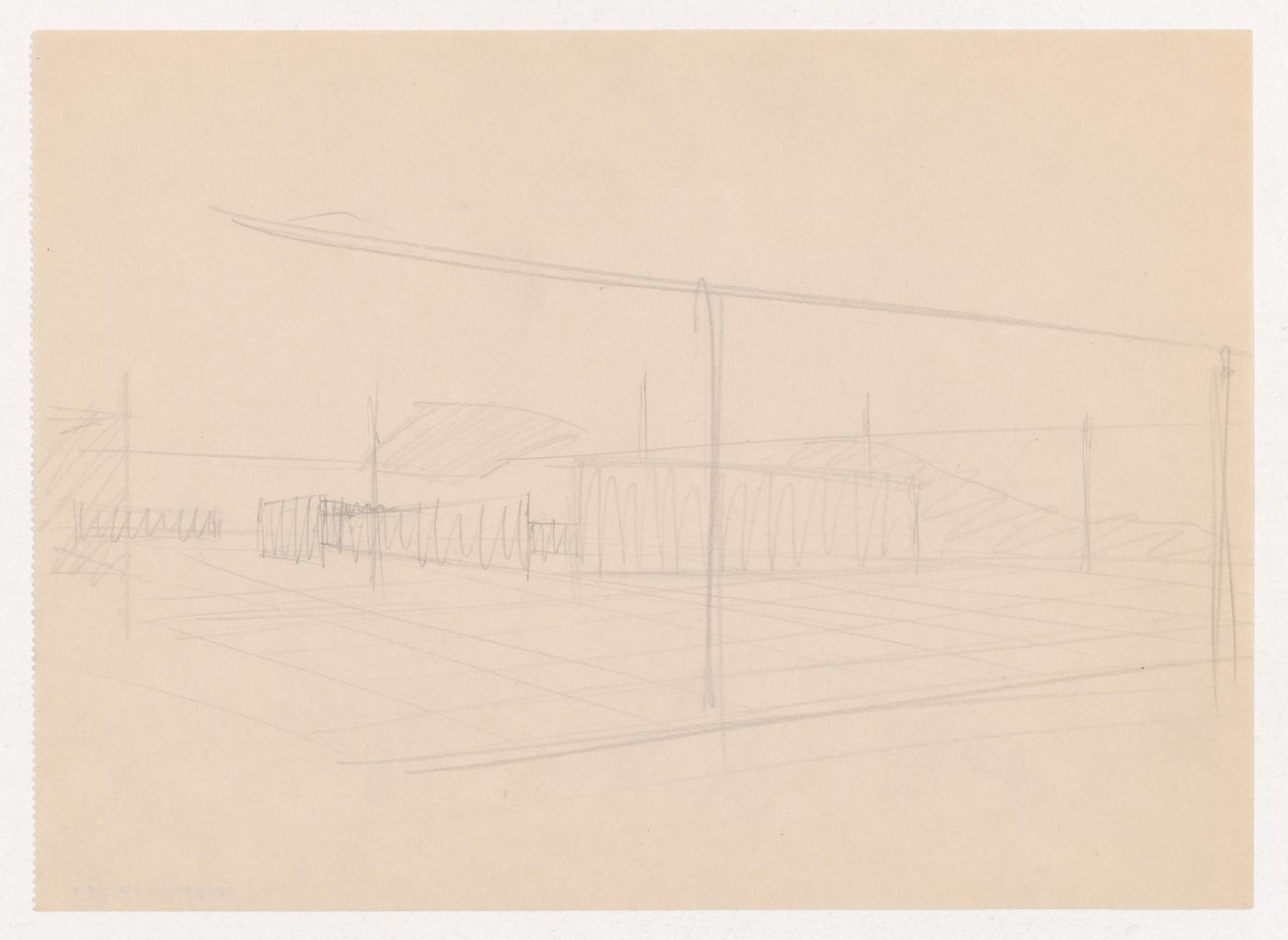 Exterior perspective sketch for Museum for a Small City showing the auditorium with suspended ceiling