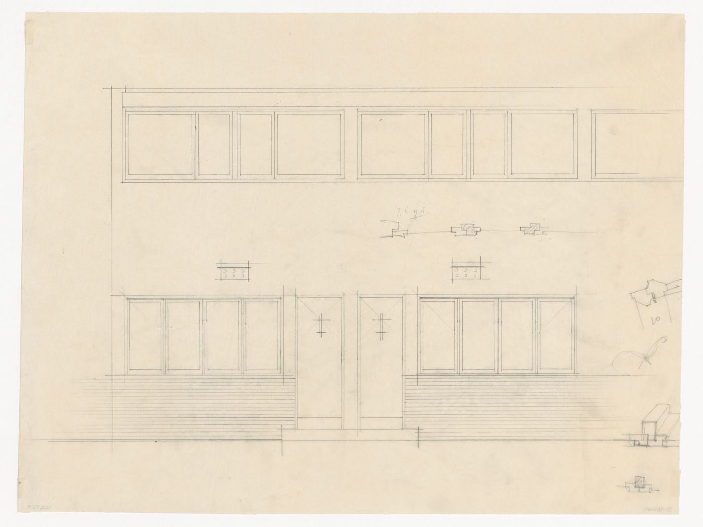 Partial elevation, partial perspective and details for windows and doors for Kiefhoek Housing Estate, Rotterdam, Netherlands