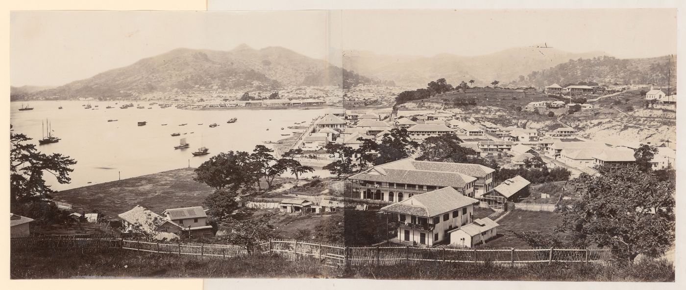 Panorama of the harbour and the foreign settlements of Oura-machi and Deshima, Nagasaki, Japan