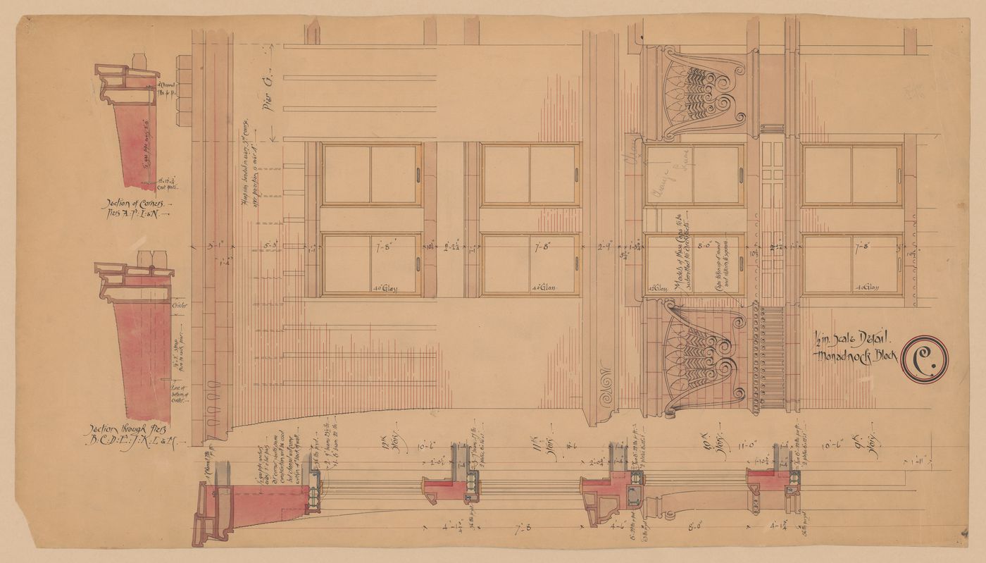 Half-Inch Scale Detail, Elevation and Section, of the Ninth Through Twelfth Floors for the Monadnock Block, Chicago