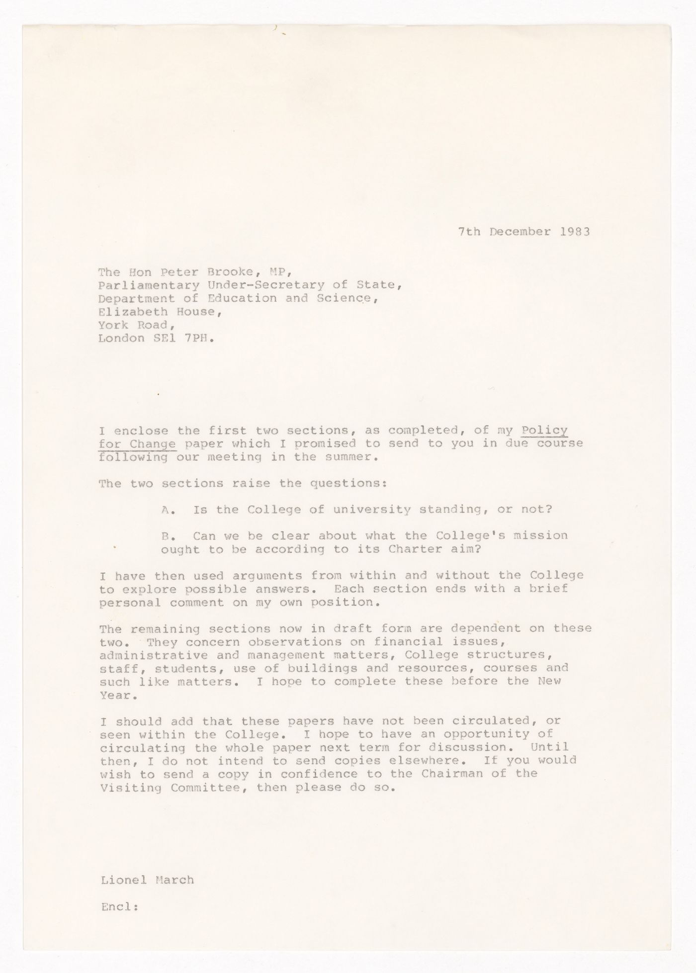 Letter from Lionel March to Peter Brooke regarding resignation from the Royal College of Art, London