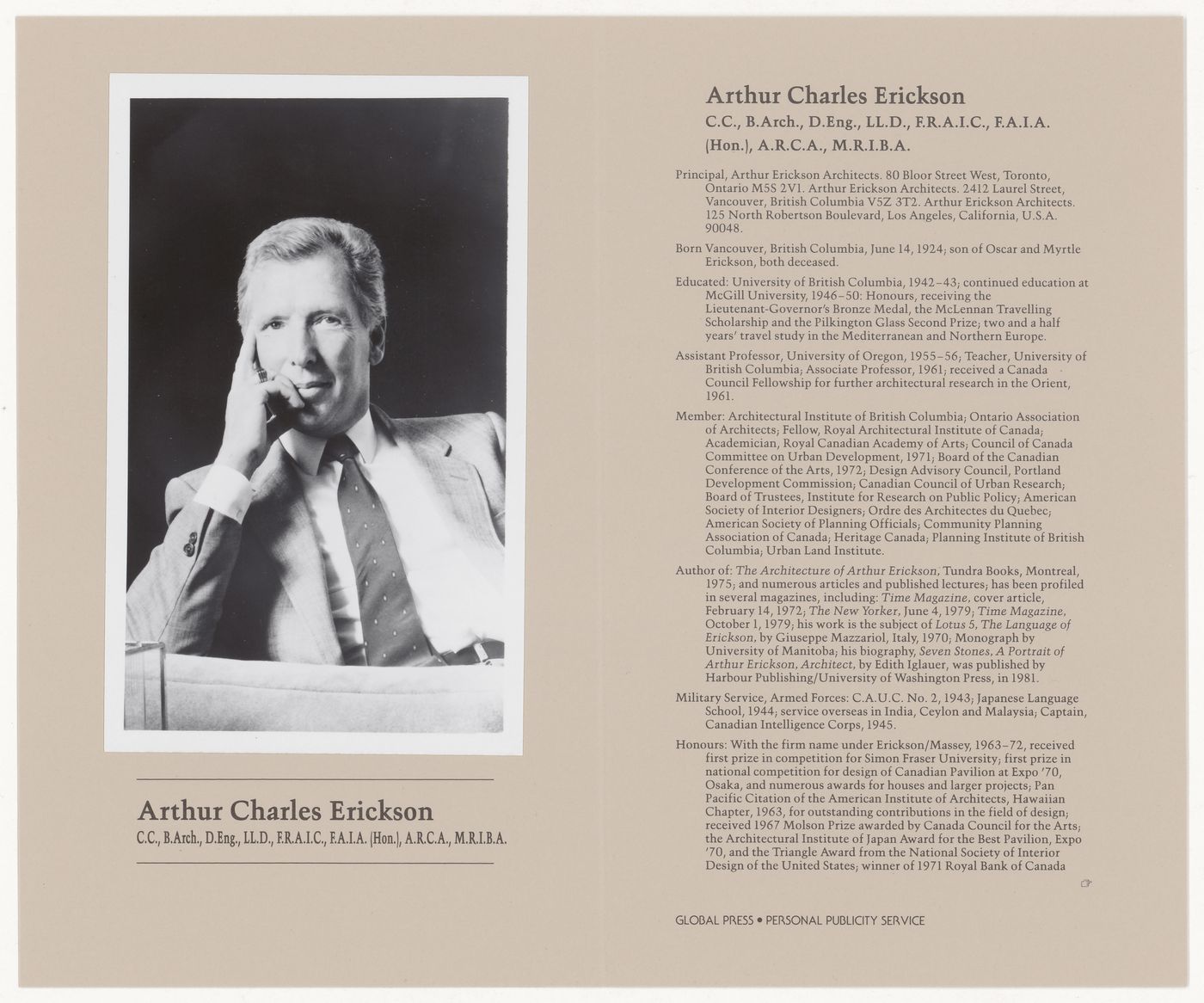 Personal publicity brochure for Arthur Charles Erickson