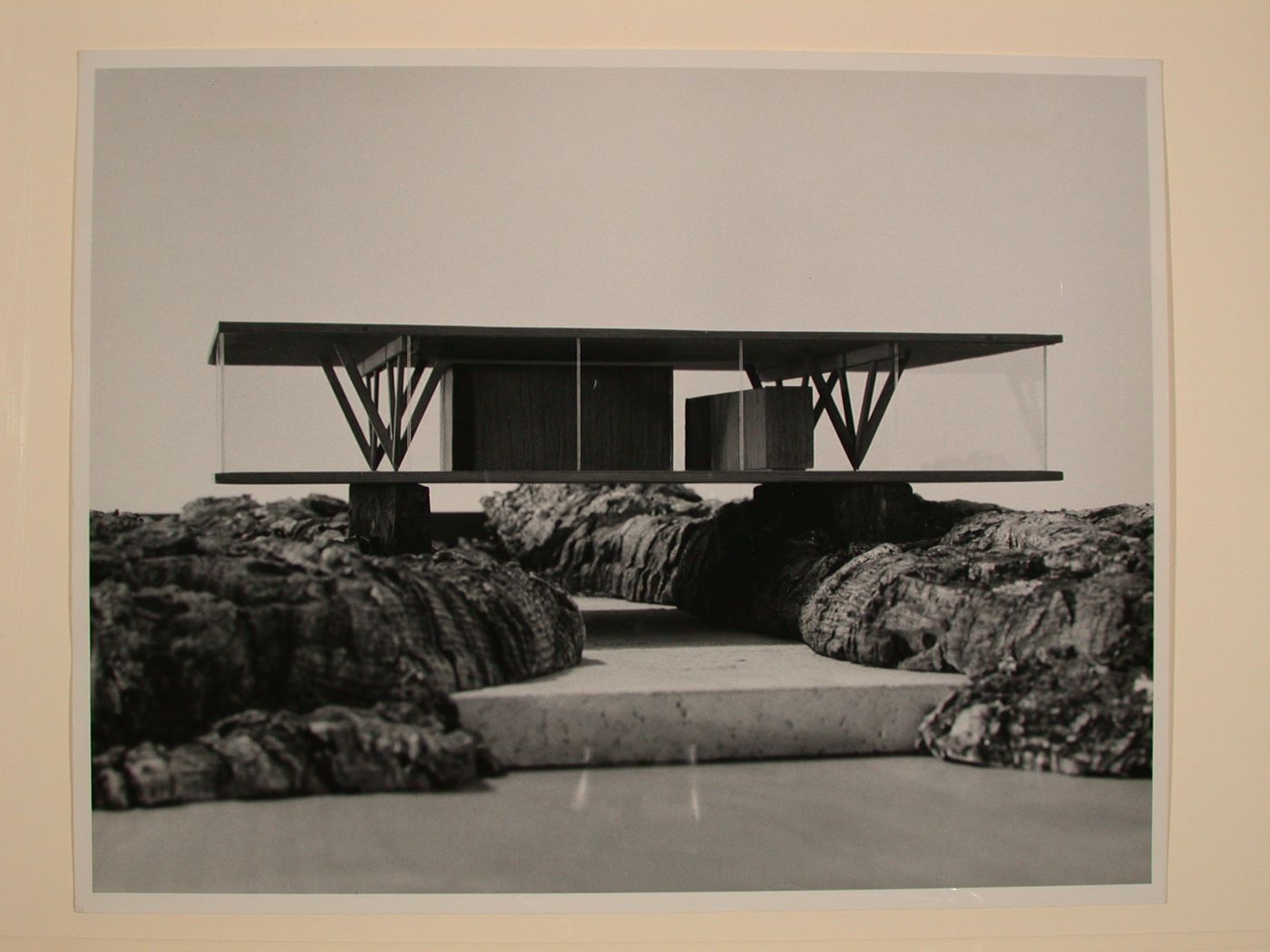 Photograph of a model for a Canyon House with "V" timber columns